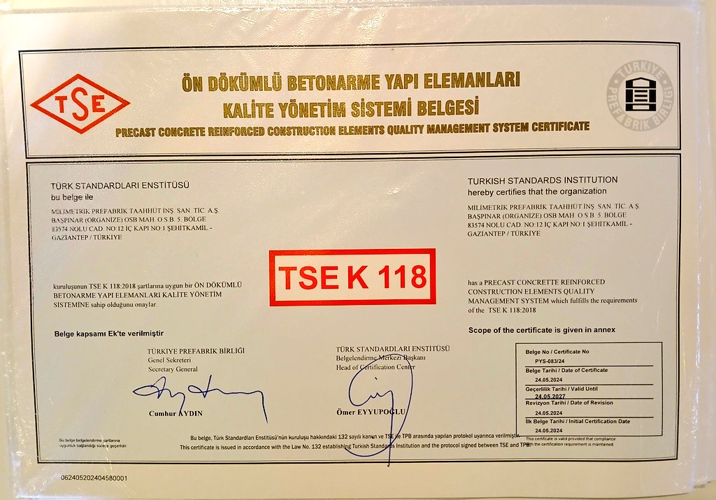Milimetrik Prefabrik firmamız TSE ve İSO 9001 belgelerini başarılı bir denetlemeden geçerek almaya hak kazanmıştır. Hep daha ileriye...