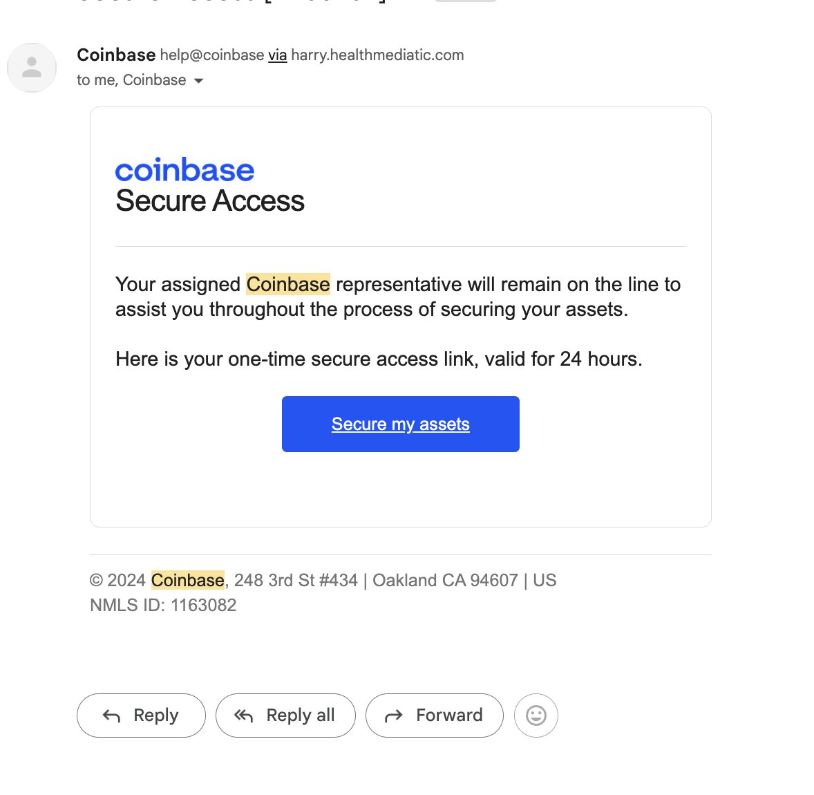 funwithskimmy's tweet photo. SO i had my first @coinbase phish/scam call the other day started with them in 2017. I had 2 phone calls saying someone tried to get into my account, as they sent emails to my email to say they secured the issue. Thankfully i didnt click anything. Be Careful out there https://t.co/cFfgde9nZm