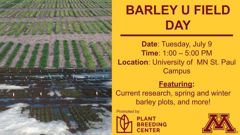 UMNplantbreed's tweet photo. Save the date for the 2024 Barley U Field Day to be held on the St. Paul campus! New this year, the traditional field tour will be paired with a tour of the brewing research facility in the Food Science Pilot Plant! Email plantbreed@umn.edu for registration link.
@UMN_AgroPlant https://t.co/hCWkRnoOSy