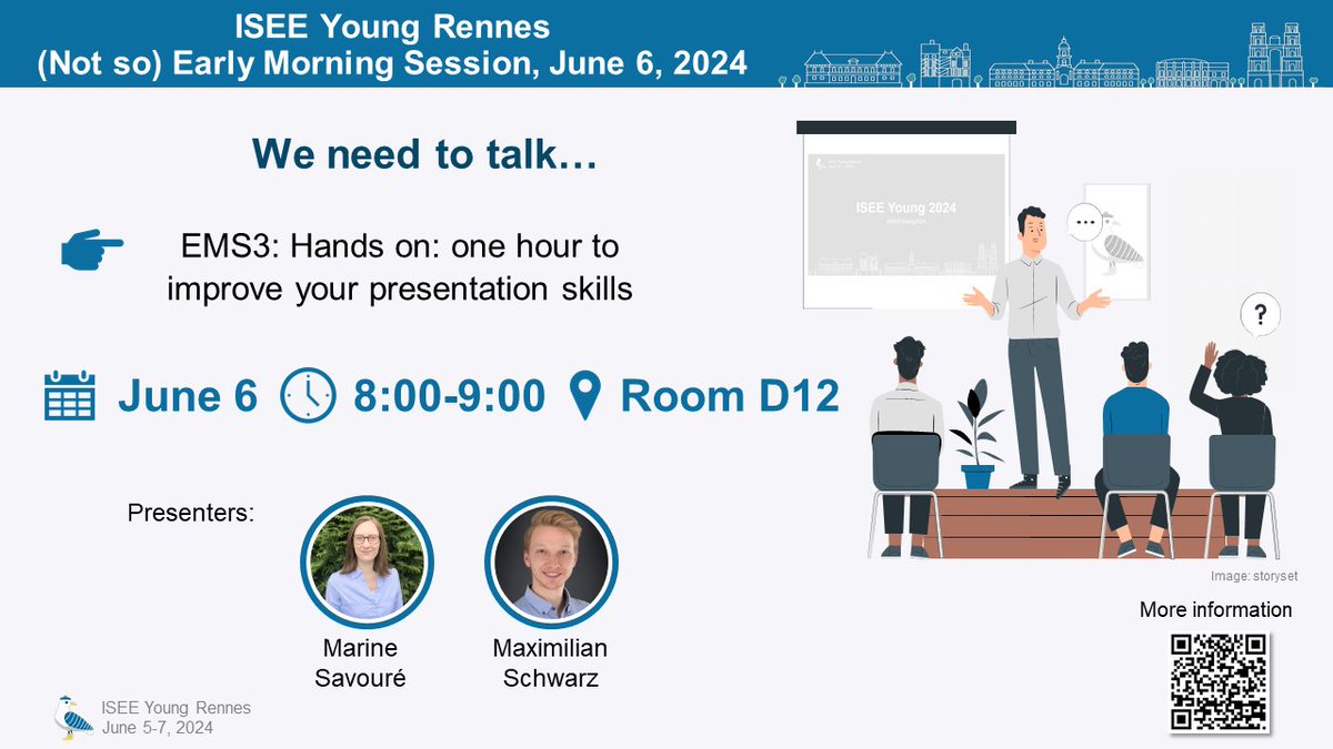 iseeyoungrennes's tweet photo. That’s all for #ISEEYoung2024 today!
Don’t miss the (Not So) Early Morning Sessions tomorrow at 8:00 !
🗺️Environmental Epidemiology Research in East and West 👉Room D5
🧑‍🎓Career talk 👉 Room D10
📊Presentation skills 👉 Room D12
🕸️Women networking session 👉 Room D2 https://t.co/27ZyEHBZp5