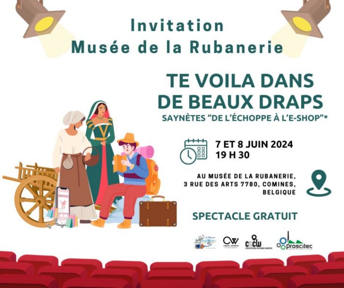 PloegsteertInfo's tweet photo. Comines : “Te voila dans de beaux draps”: Le Musée de la Rubanerie est fier de vous proposer « Te voilà dans de beaux draps », son nouveau spectacle composé de plusieurs saynètes s’inscrivant dans le cadre du partenariat Proscitec et de son année à thème… https://t.co/z4vaL2nffw https://t.co/ZqJ7x0ZG7p
