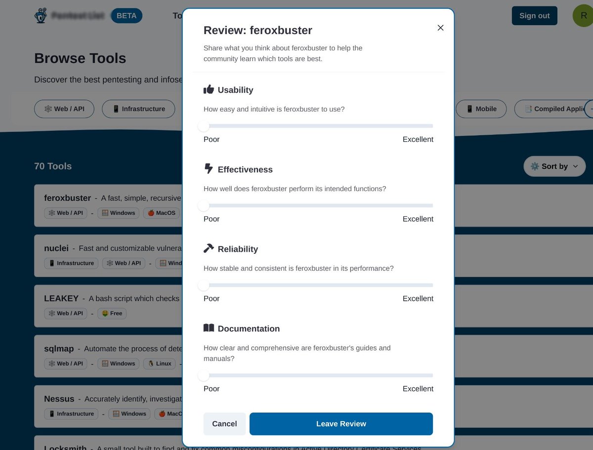 TurvSec's tweet image. Here's a glimpse of what's coming June 11th
Community driven tool submissions and ratings.
Quickly find the best tools for what you need to do.
What are your thoughts?
#infosec #bugbounty