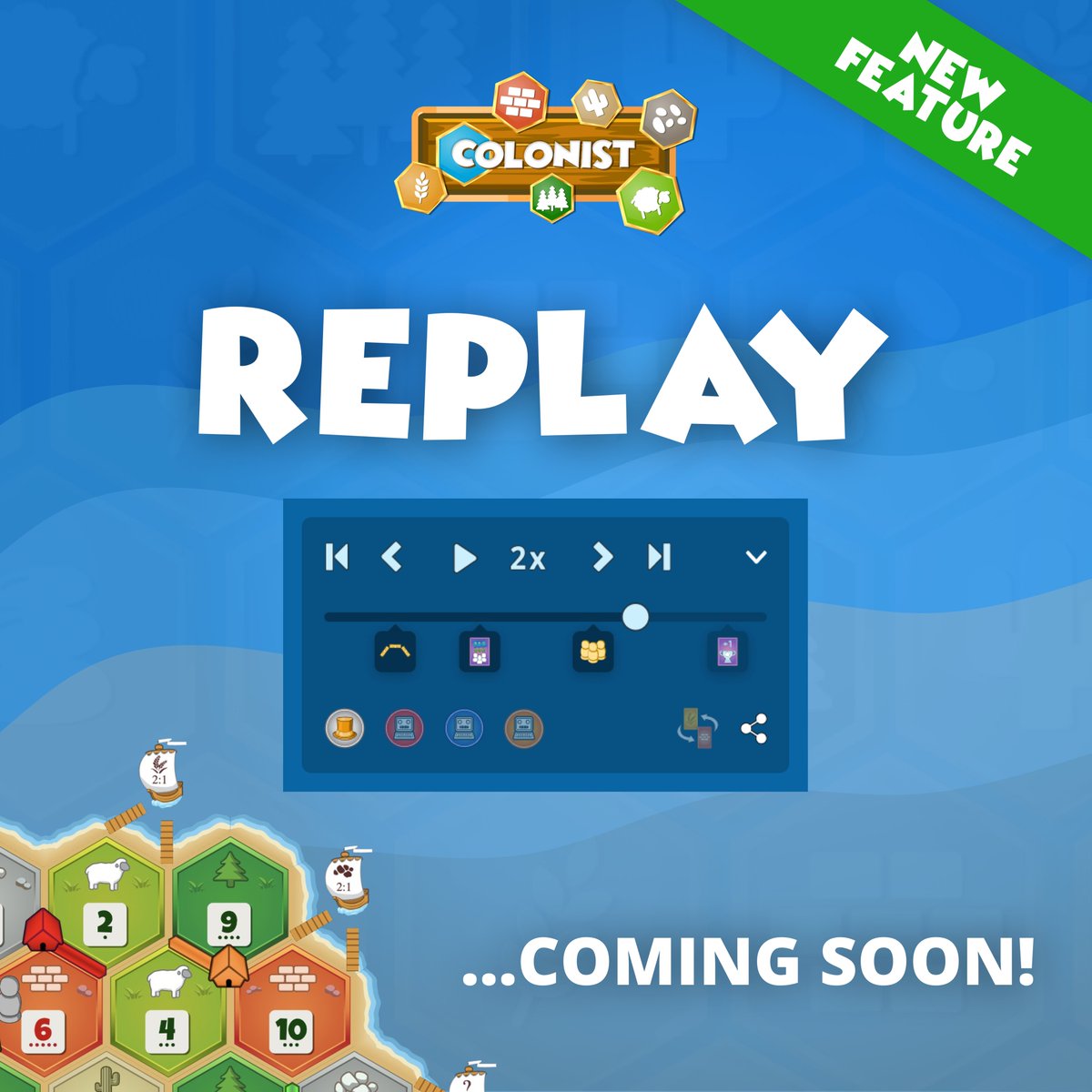 colonistio's tweet photo. Dropping soon! Replay your games on https://t.co/gtA7MAwXjH #ColonistIo #CatanReplay https://t.co/tj55hqpcz1