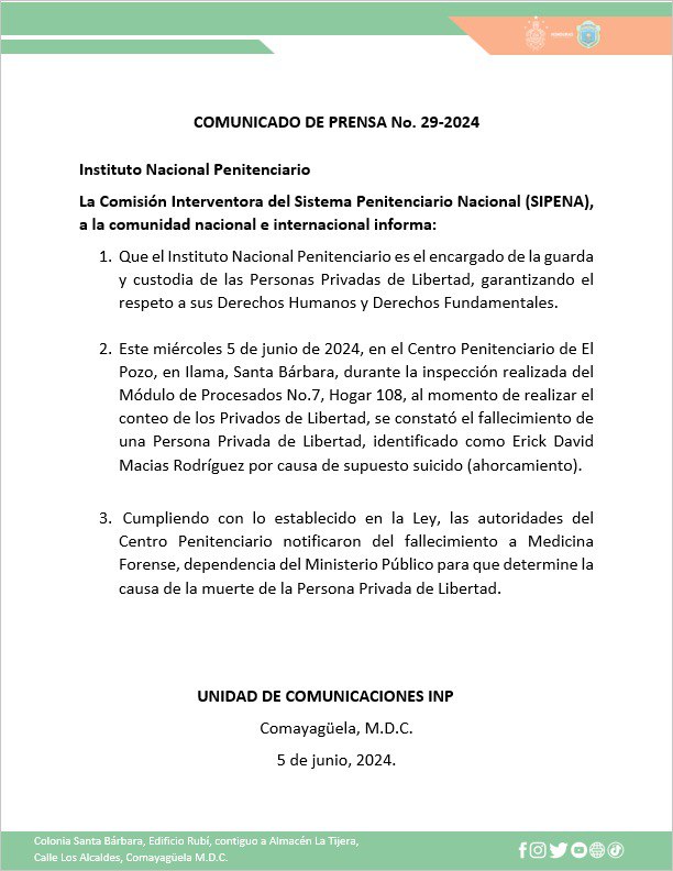 MTMInformativo's tweet photo. #MTMI #ÚLTIMAHORA. Un recluso identificado como Erick David Macías se quita la vida al interior de la cárcel de máxima seguridad de El Pozo en Ilama, Santa Bárbara, informó el Instituto Nacional Penitenciario mediante un comunicado. https://t.co/6Y4SgqQEbd
