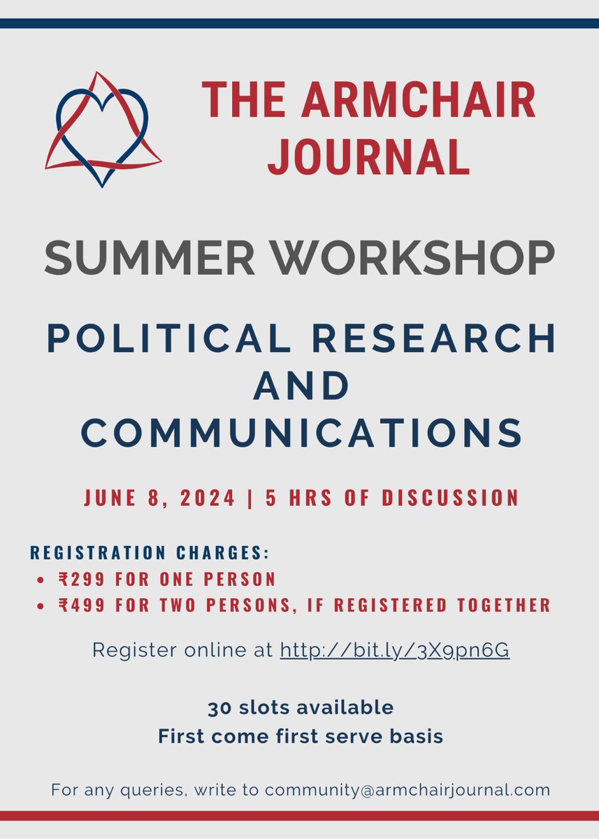ArmchairJournal's tweet image. A 5 Hour Online Workshop on &apos;Political Research and Communications&apos;.

Please register here: bit.ly/3X9pn6G

#onlineworkshop
#summerbootcamp
#IndianElections2024
#ElectionResults2024
#Indianpolitics
#PoliticalResearch
#PoliticalCommunications
