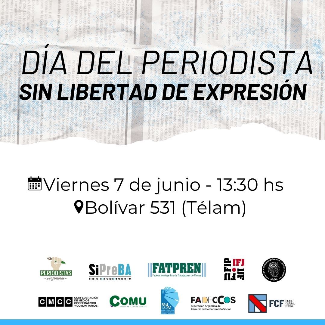 somostelam's tweet photo. 🗓️ El viernes 07/06 en Bolívar 531 (Télam) se llevará a cabo un acto por el día del periodista con diversos sectores del periodismo, la comunicación y la cultura.

🗣️ Lectura conjunta del documento "Un día del periodista sin libertad de expresión". 

📸 Camarazo de ARGRA. https://t.co/1ROE68a1ao