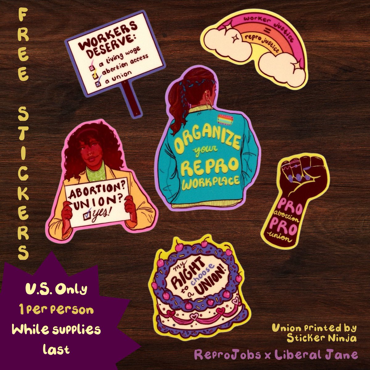 🚨FREE STICKER ALERT! To celebrate the sunsetting of <a href="/ReproJobs/">ReproJobs</a>, we’ve giving away *FREE* limited edition sticker sheets to celebrate movement organizing.

Each sheet includes 6 unique stickers, &amp; will be sent via snail mail.

Union printed by our amazing friends at @StickerNinja
