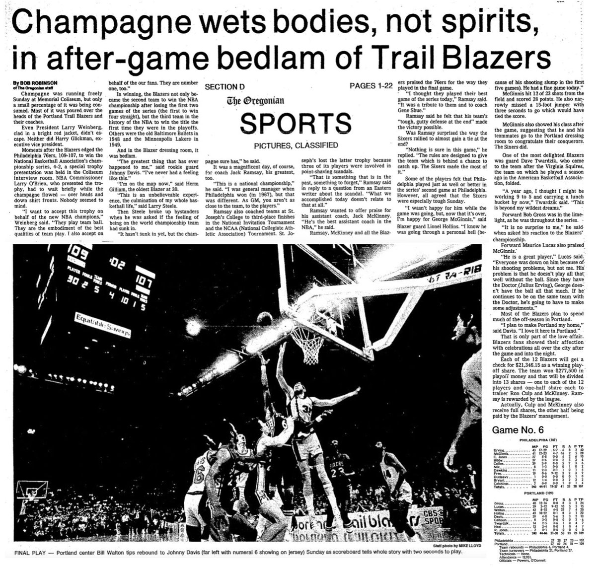 77Blazers's tweet photo. @trailblazers @NBA @sixers June 5, 1977 - The @trailblazers win the @NBA Title  

#BillWalton led the #Blazers with 20 points, 23 rebounds, 7 assists, and 8 blocks. Walton tipped the final shot by #GeorgeMcGinnis, and #JohnnyDavis gathered the rebound as time expired.

#RipCity #ThisDateinBlazersHistory 🧵 https://t.co/MSiNSGNl47