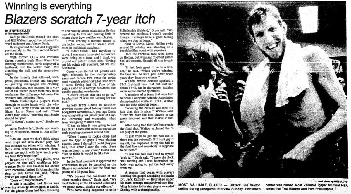 77Blazers's tweet photo. @trailblazers @NBA @sixers June 5, 1977 - The @trailblazers win the @NBA Title  

#BillWalton led the #Blazers with 20 points, 23 rebounds, 7 assists, and 8 blocks. Walton tipped the final shot by #GeorgeMcGinnis, and #JohnnyDavis gathered the rebound as time expired.

#RipCity #ThisDateinBlazersHistory 🧵 https://t.co/MSiNSGNl47