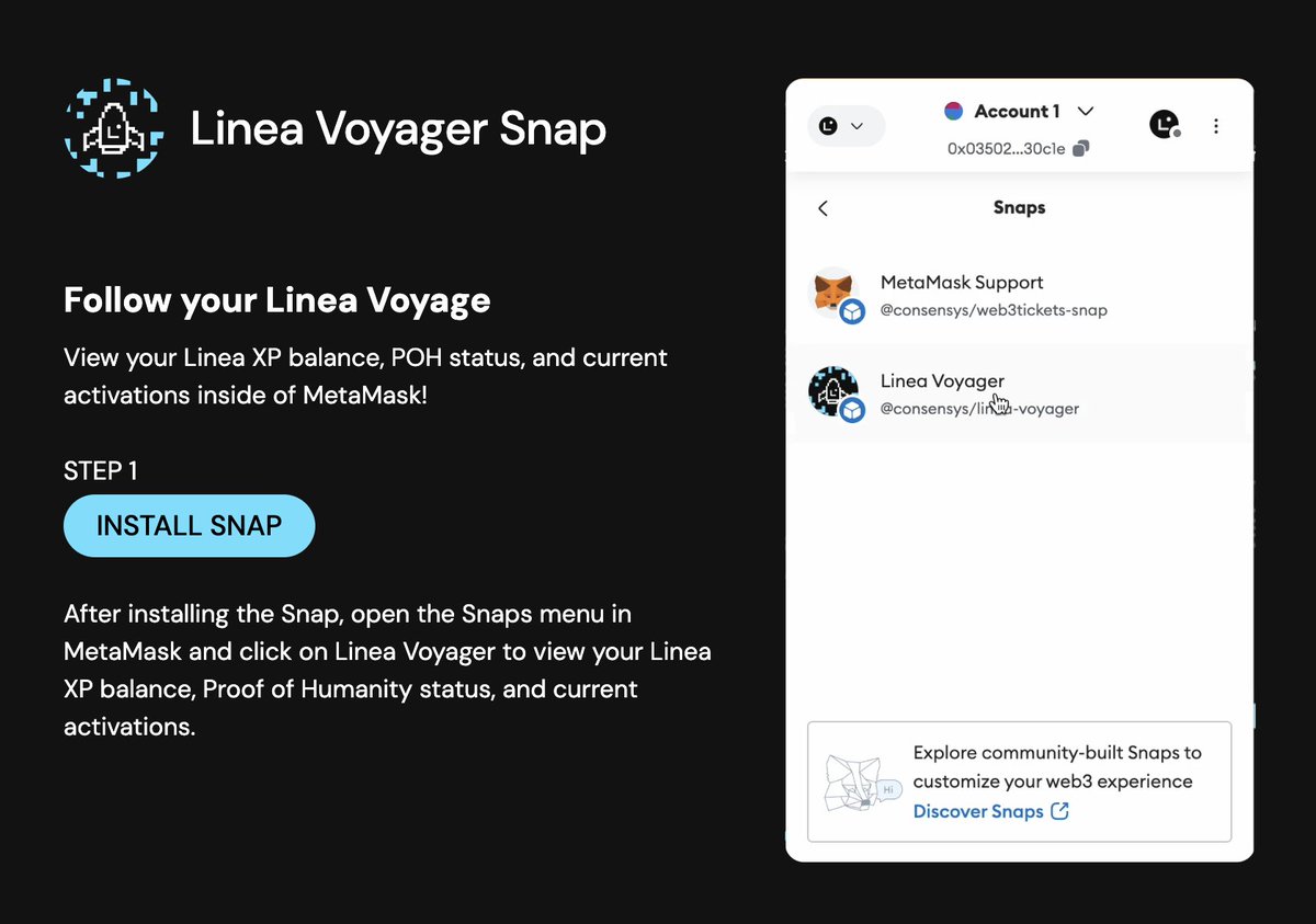 ✅ฟีเจอร์ใหม่ Linea Voyager Snap ✅

<a href="/LineaBuild/">Linea.eth</a> อัพเดตฟีเจอร์ใหม่ชื่อ SNAP ให้ติดตั้งใน <a href="/MetaMask/">MetaMask.eth 🦊</a> ใช้สำหรับเช็ค LXP, POH และกิจกรรมต่างๆที่มีให้ทำครับ

ทางไป : voyager-snap.linea.build
ขั้นตอน : กดติดตั้ง SNAP จากนั้นเชื่อม Address ของเราเข้าไป