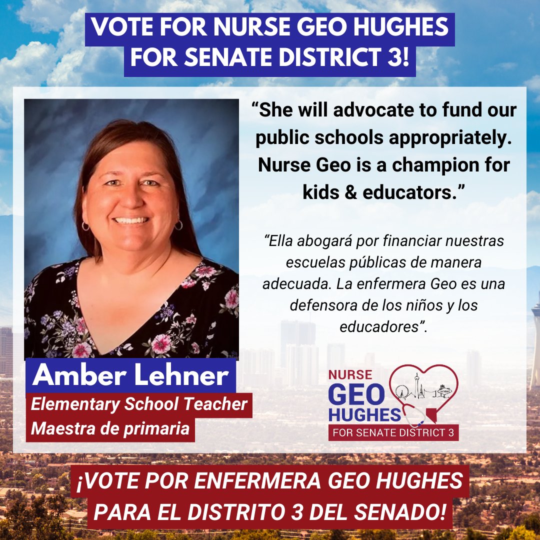 GeoForNevada's tweet photo. Amber Lehner, Elementary School Teacher: “She will advocate to fund our public schools appropriately. Nurse Geo is a champion for kids & educators.”
-Early Voting: Now - Friday, June 7th.
-Election Day: Tuesday, June 11th.
#GeoForNevada #SiSePuede https://t.co/ApcImGvW1m