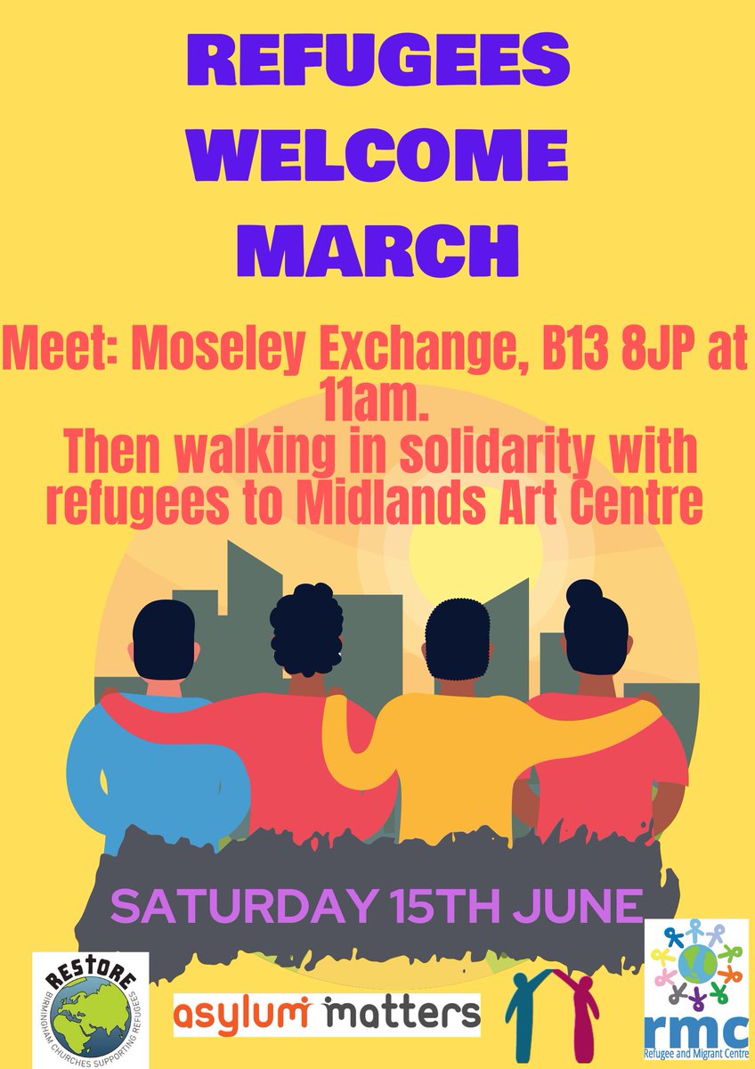 AsylumMatters's tweet photo. 10 days to the beginning of Refugee Week, so if you're in Birmingham why not kick it off with a #RefugeesWelcome March! 

Finishing at the @celsancfest Takeover of the MAC - Info here https://t.co/9Loj2wSU35 https://t.co/PCEyk9arfI