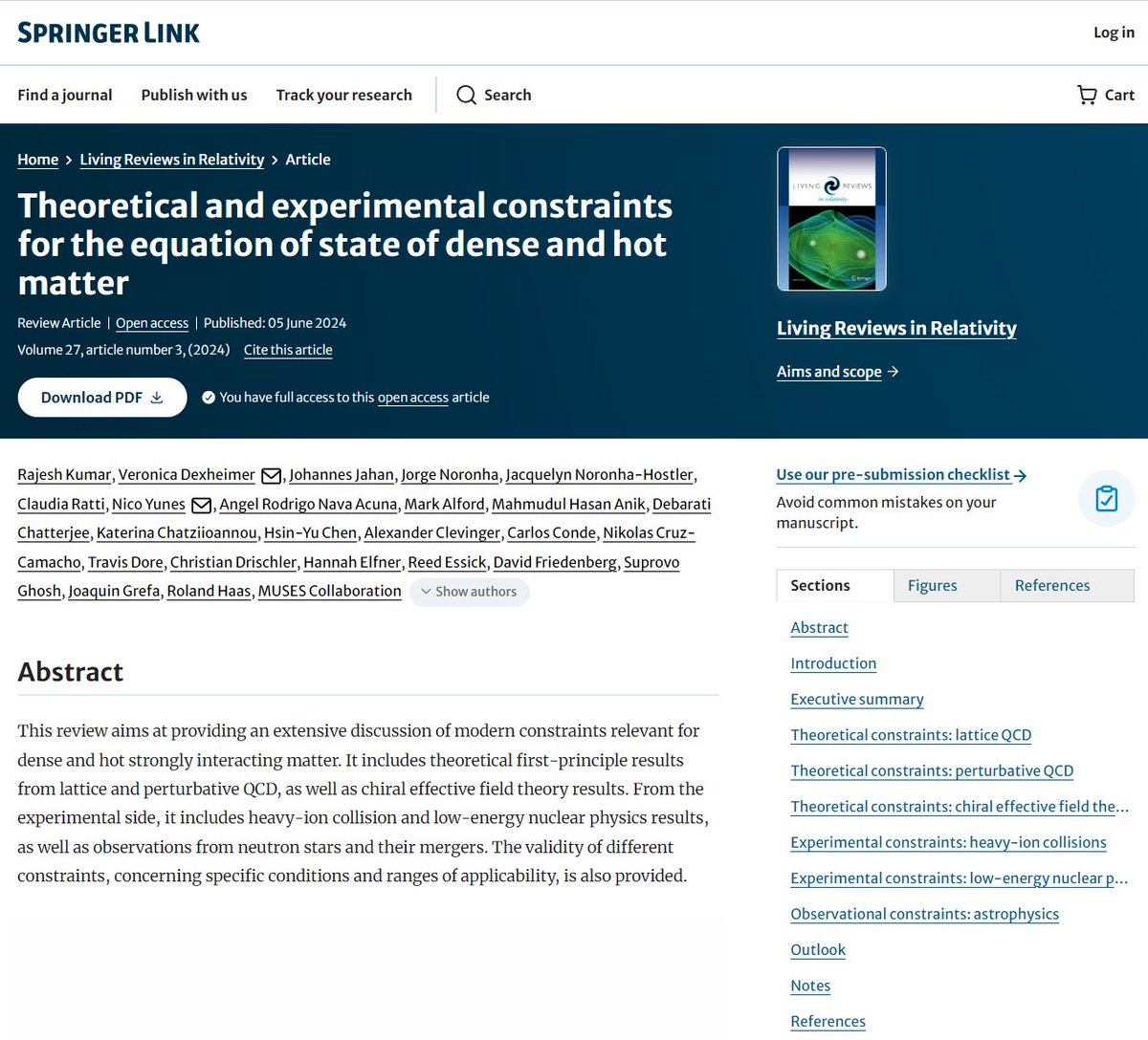 livrev_lrr's tweet photo. New in Living Reviews: 
Rajesh Kumar, Veronica Dexheimer, Johannes Jahan et al. (MUSES Collaboration). Theoretical and experimental constraints for the equation of state of dense and hot matter. #LivingRevRelativ 27, 3 (2024). https://t.co/zKXHRnc8GD #OpenAccess #Review https://t.co/Zcyu80TuMS