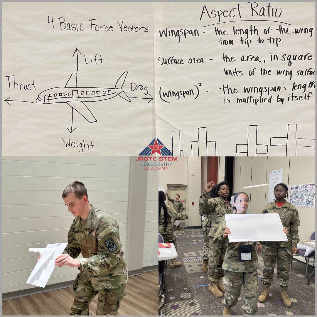 stemworksii's tweet photo. Do you know the 4 basic force vectors affecting a flying object?  The Cadets at the JROTC STEM Leadership Academies do! #stemintheair https://t.co/xS0aocULY3