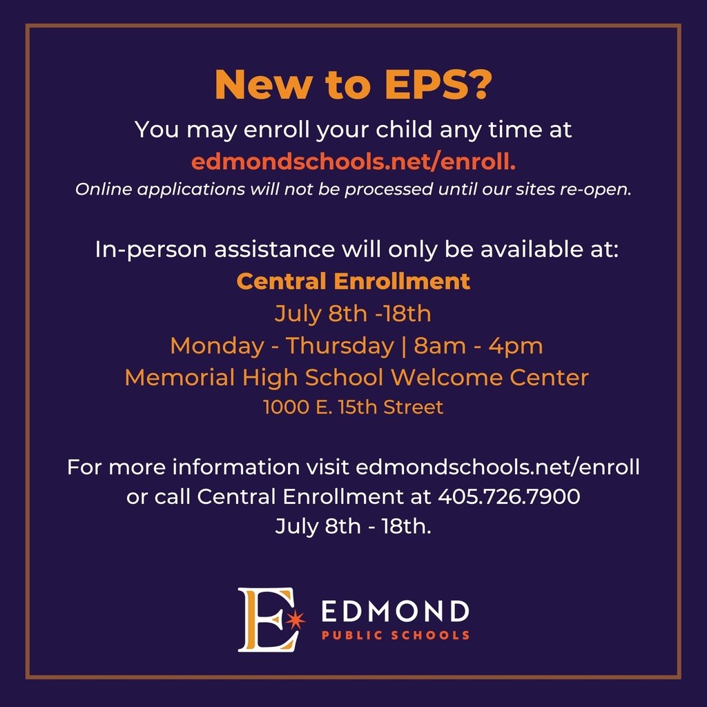 WestfieldEPS's tweet photo. New to EPS? You may now enroll your child at any time. Go to https://t.co/nMpd4fOTiF.
In-person enrollment is only available at Central Enrollment July 8th-18th. Hours are Monday-Thursday 8 AM-4 PM. Memorial High School Welcome Center is located at 1000 E. 15th Street. https://t.co/dc7DRfEw6J