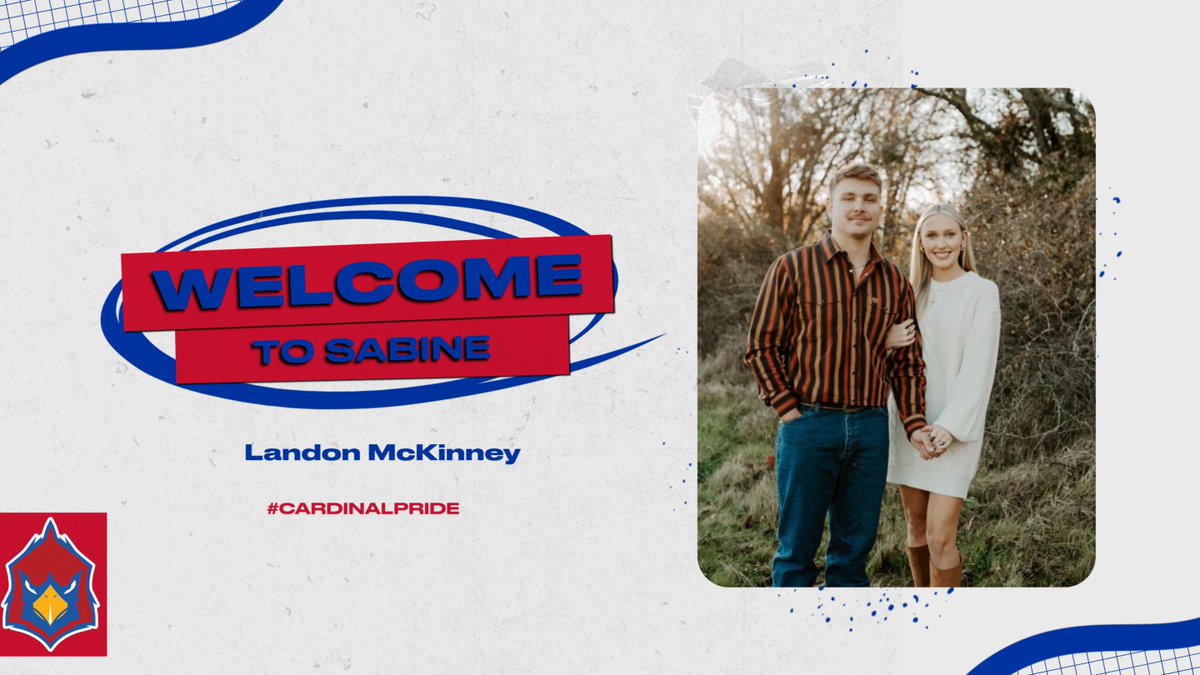 SabineCardinals's tweet photo. Coach McKinney is a Sabine grad who recently graduated from Howard Payne University where he earned accolades off the field and on. Including being named the American Southwest Conference Player of the year. We welcome Coach McKinney and his wife Emily to Sabine! #CardinalPride https://t.co/b51rXTo9K5