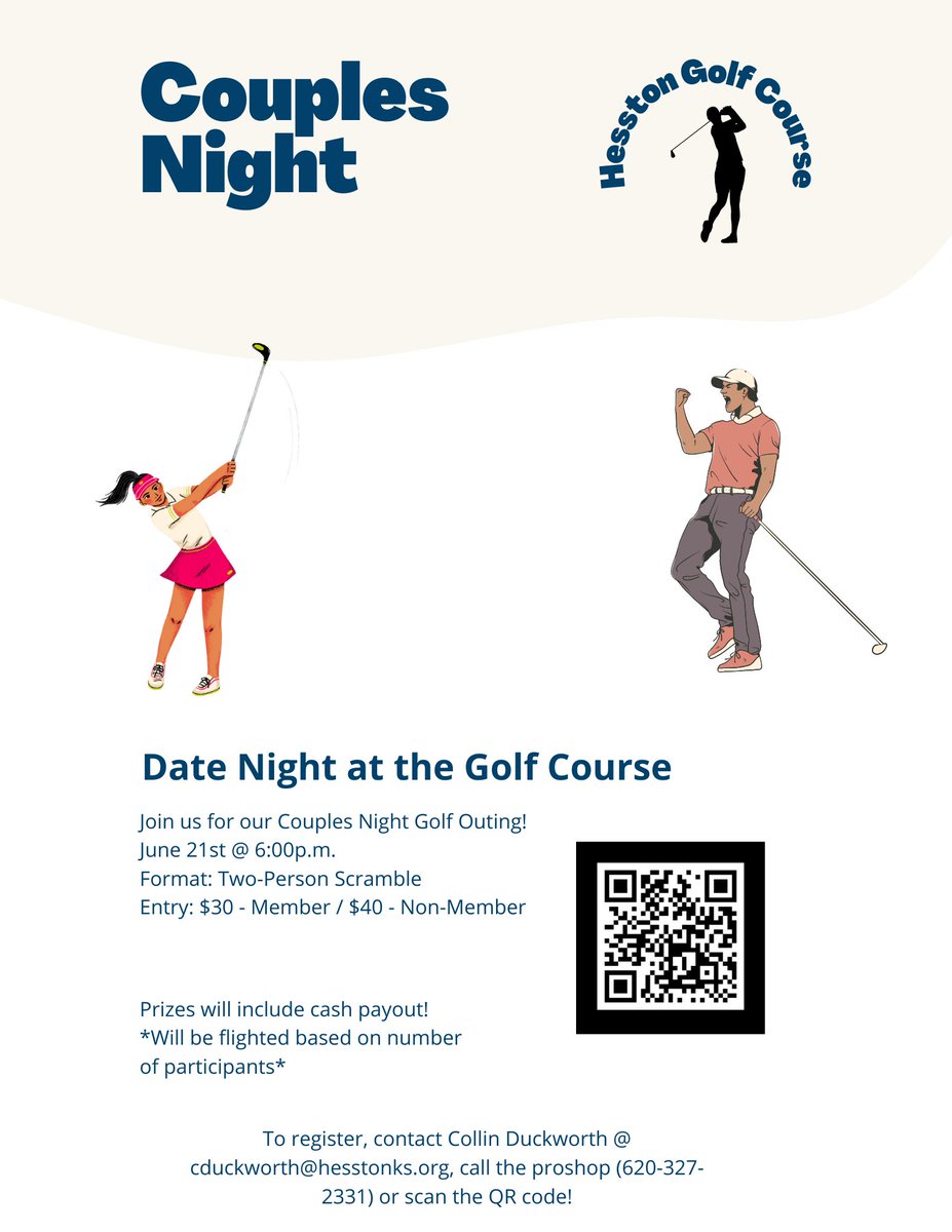 GolfHesston's tweet photo. Join us on Friday, June 21st at 6:00 p.m. for Couples Night! Format will be Two-Person scramble!
Entry fee will be $40/team for non-members and $30/team for members! To get registered contact cduckworth@hesstonks.org or call at 620-327-2331! https://t.co/kehUZ0BAX1