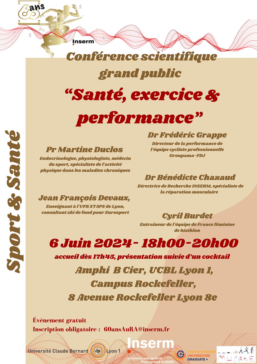 muskle_school's tweet photo. Pr Martine Duclos, intervenante de notre conférence grand public: "Santé, exercice &amp; performance" 
Jeudi 6 Juin - 18h
Il reste des places
Inscription gratuite: 60ansAuRA@inserm.fr
@InsermAuRA https://t.co/5jfK4vBVPO