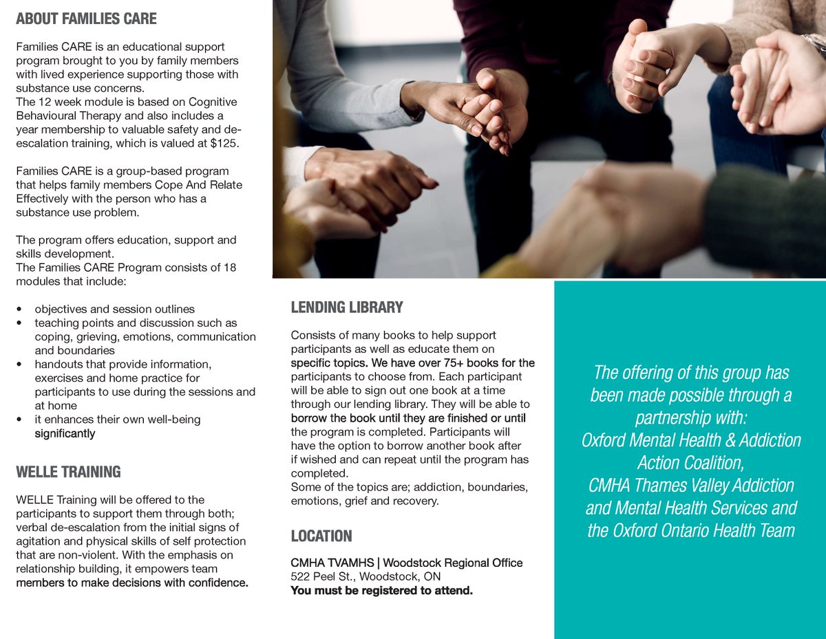Families CARE is a 12 week group-based program that helps family members cope and relate effectively with the person in their life who has a substance use concern. 

The program will be running this Fall. For more information please contact families.care@cmhatv.ca
