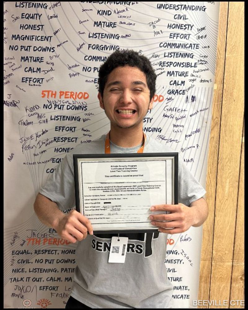 Beeville CTE Law Enforcement student Roland passed the Texas Department of Public Safety Non-Commissioned Security Officer Level II industry training and exam during the 2023-24 school year!  Congratulations on your success and this important step toward your future!