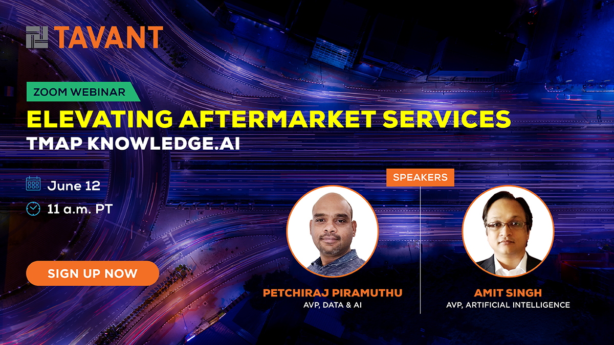 Tavant's tweet image. Curious how #GenAI can elevate your #AftermarketOperations? 
Join our live webinar: bit.ly/3QS5H3a  
📅 June 12 | 11 a.m. PT

✨ Dive into TMAP #KnowledgeAI
✨ Real-world GenAI applications
✨ Expert insights &amp;amp; strategies

Sign up now!

#ServiceIntelligence #TMAP