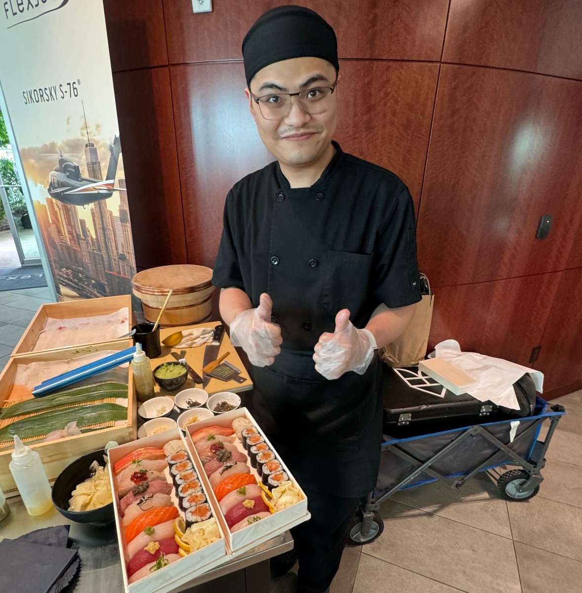 Flexjet's tweet image. Arriving at our #privateterminal in #Teterboro you are always greeted with a smile. You are always first at #Flexjet. Available on select days this summer; hand-rolled sushi.