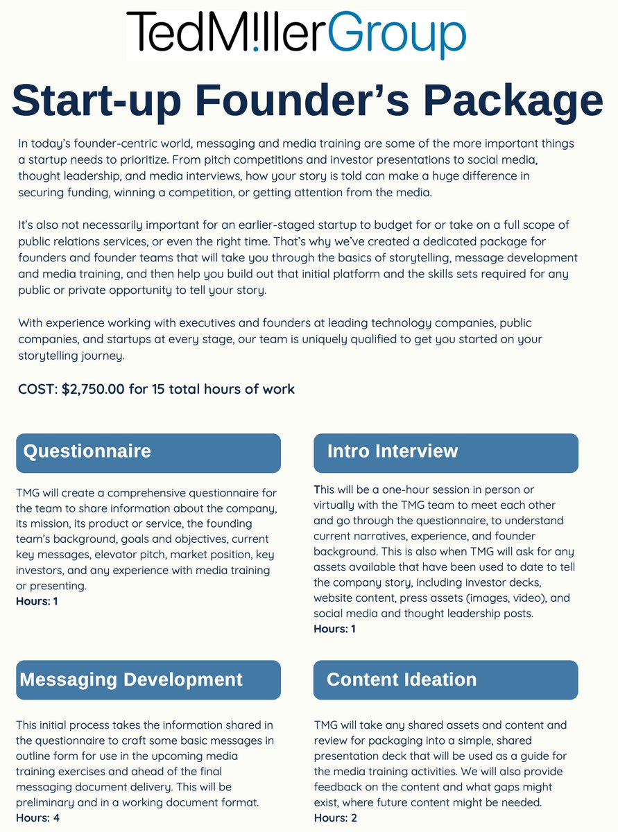 teddysf's tweet photo. Excited to share that my agency @TedMillerGroup is launching a Messaging & Media Training Package aimed at startup founders and VC firms. 

In today's founder-centric media world, these skills are essential to telling your story and communicating in a clear and honest way to key audiences and stakeholders. Content is king as they say. 

This is a flat fee program for 15 hours of our expertise, that can be used all at once or spread out over a period of time.

If you are a founder or VC firm that would like to learn more or sign up for one of a package, DM me here or ping me on email us at contact@tedmillergroup.com.
