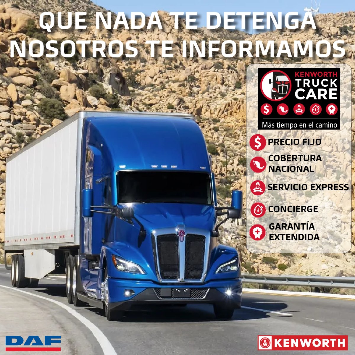 KWMich's tweet photo. MÁS TIEMPO EN EL CAMINO 
Kenworth Truck Care es un programa de mantenimiento preventivo, para mantener en óptimas condiciones tu unidad.
• Disminuir costo por km de tus mantenimientos 
• Incrementar la productividad y rendimiento de tu flota.
#KenworthDAFdeMichoacan #TruckCare https://t.co/3Cn2cdPEQn