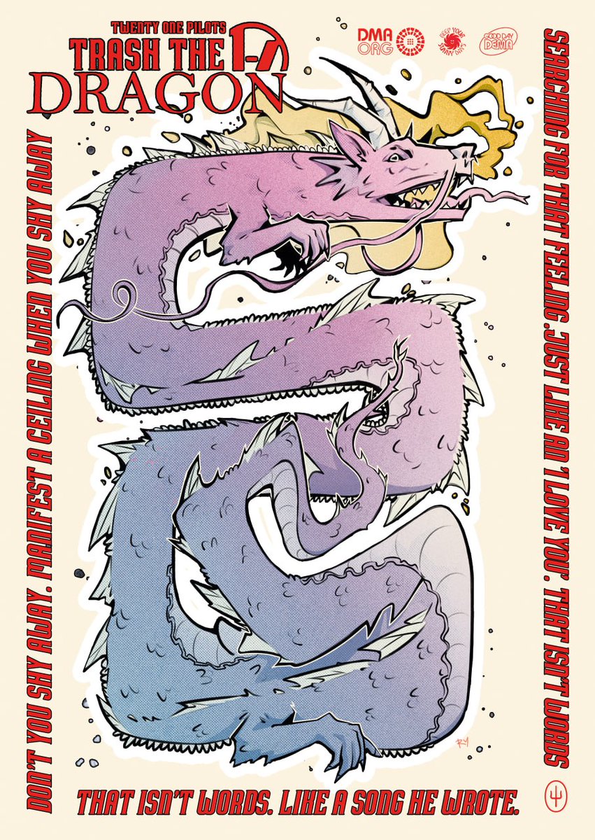 rooartist's tweet photo. TRASH THE DRAGON, my idea for a poster about the era Scaled and Icy

@twentyonepilots
@tylerrjoseph
@joshuadun
@artbytheclique

 #twentyonepilots #cliqueart #skeletonclique https://t.co/FMwlq4tDKD
