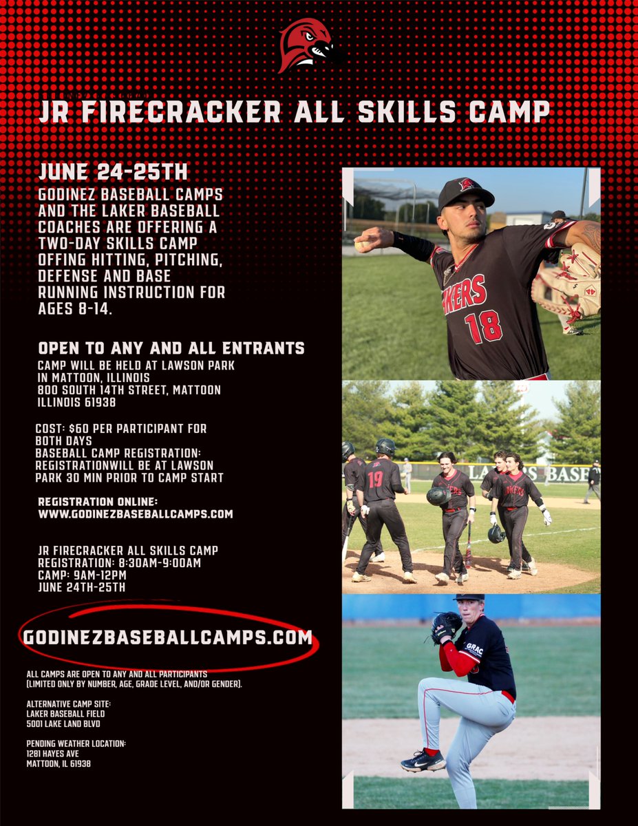 J_godinez08's tweet photo. 1⃣8⃣ Days till our Jr. Firecracker Youth All Skills Camp!
Join the coaching staff of @LLC_Baseball at Lawson Park in Mattoon, Illinois on June 24th and June 25th for two fun filled mornings of BASEBALL!
@LLCAthletics @gabeblack_22 @davismj01 

https://t.co/1F7yiftv3q https://t.co/gBUZsZBn2P
