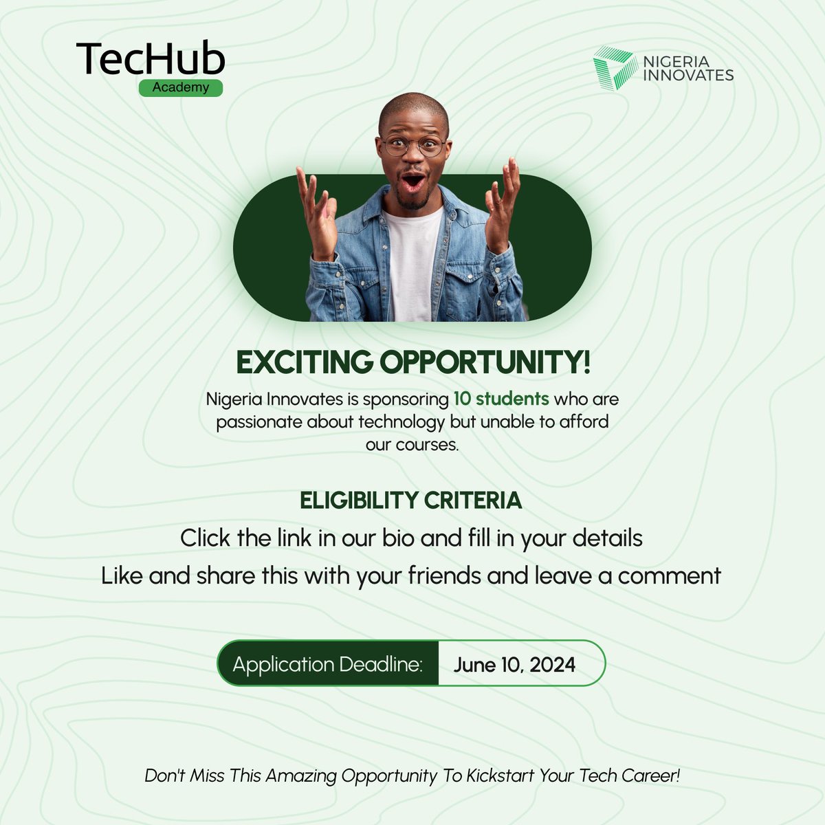 techubspaces's tweet image. Are you passionate about technology and eager to learn? Nigeria Innovates is offering free scholarships to 10 diligent people to study their preferred tech courses at Techub Academy.

How to Apply: Retweet this, follow this page and click on the link in the next thread to apply.