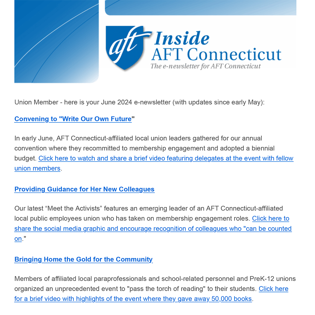 AFTCT's tweet photo. Action from #AFTCT24 convention among highlights along w/upcoming events &amp; featured benefit in latest edition of "Inside #AFTCT;" ICYMI: https://t.co/PG4rtpQnEZ #WritingOurOwnFuture @AFTUnion @AFTteach @AFTHigherEd @AFTHealthcare @AFT_PE @PSRP_AFT @AFTMembBen @AAUP @AFLCIO @issuu https://t.co/wKRQ6rsk4l