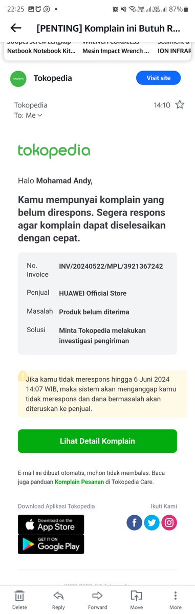 mohamad_andy's tweet photo. @GrabID @tokopedia @TokopediaCare 3 email ini berisi peringatan "Jika kamu tidak merespons hingga 6 Juni 2024 14:07 WIB, maka sistem akan menganggap kamu tidak merespons dan dana bermasalah akan diteruskan ke penjual." Tentunya terdapat notif dari Aplikasi tokopedia https://t.co/TXIf29WE7w