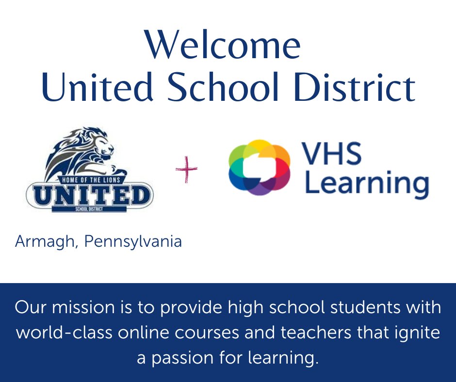 VHSLearning's tweet photo. ✨We are thrilled to welcome United School District 🏫 located in Armagh, PA to VHS Learning 🥳
Partnering with VHS Learning gives your students access to 250+ unique courses! Welcome Lions!

#unitedschooldistrict #vhslearning #onlinelearning #onlinecourses #schoolpartnership https://t.co/h2vtTA9Lnk