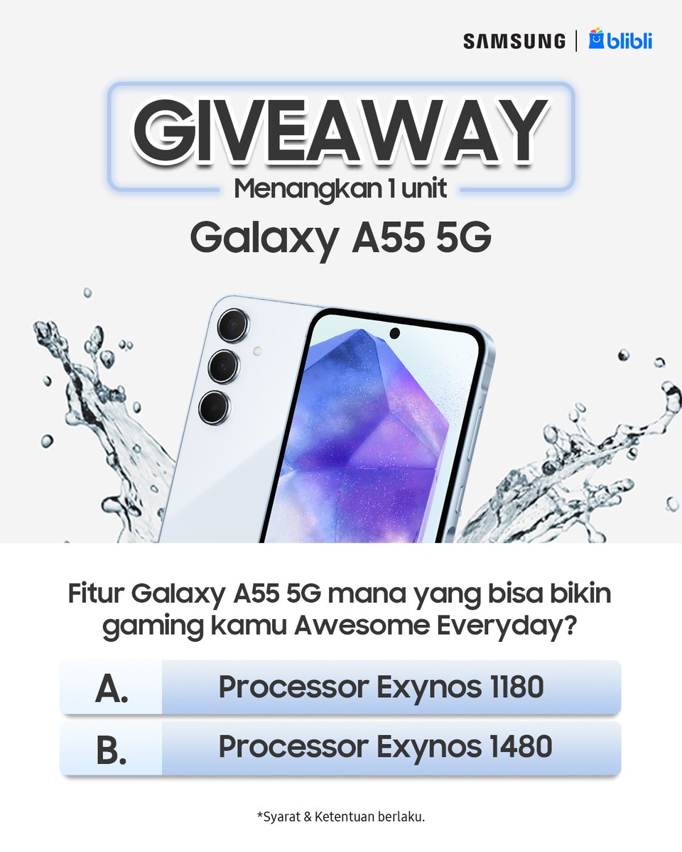 Mau #BliMinBeliin Galaxy A55 5G ✨ 𝑔𝑟𝑎𝑡𝑖𝑠✨? Yuk merapat!

• FOLLOW <a href="/bliblidotcom/">Blibli</a> &amp; <a href="/samsungID/">Samsung Indonesia</a>
• Repost &amp; LIKE post ini
• Clue bisa kalian cek di👉 blibli.onelink.me/aFLN/samsunga5…
• REPLY sebanyak-banyaknya pertanyaan di gambar secara lengkap + hashtag #GalaxyA55 5G
