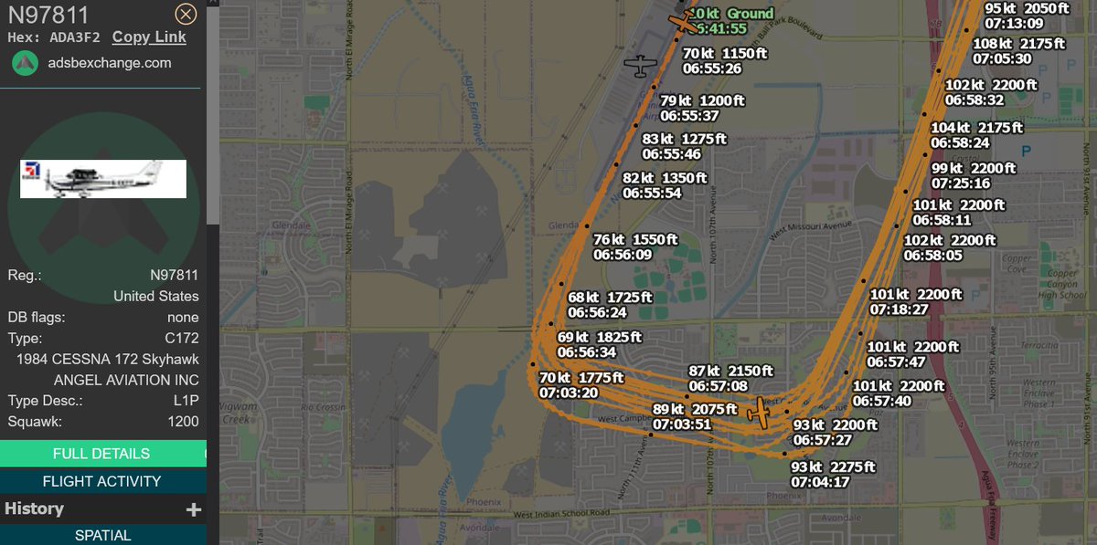 MarkChagalt's tweet photo. @GlendaleAZ @SecretaryPete @GoodyearAZGov @DOJCrimDiv @CivilRights My mother said she was afraid to go outside because of the overly loud plane noise from KGEU. Why is this an everyday thing?

A neighbor complained 2x, on social media that I saw, yet KGEU pilots are blasting Villa de Paz!

When is N97811 having their pilots license taken away? https://t.co/WVjiuDEfD5