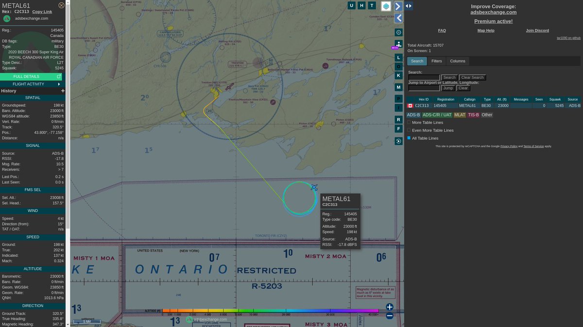 steffanwatkins's tweet photo. ๐จ๐ฆ #RCAF 427 Special Operations Aviation Squadron CE-145C Vigilance 145405 #C2C313 as #METAL61 is conducting a sortie over Lake Ontario in area CYA-530M, now at 23,000ft, giving them a LOS of ~300km.
https://t.co/UItQJ3YP88 #CANSOFCOM #427Sqn #427SOAS https://t.co/Y6t3uVuosn