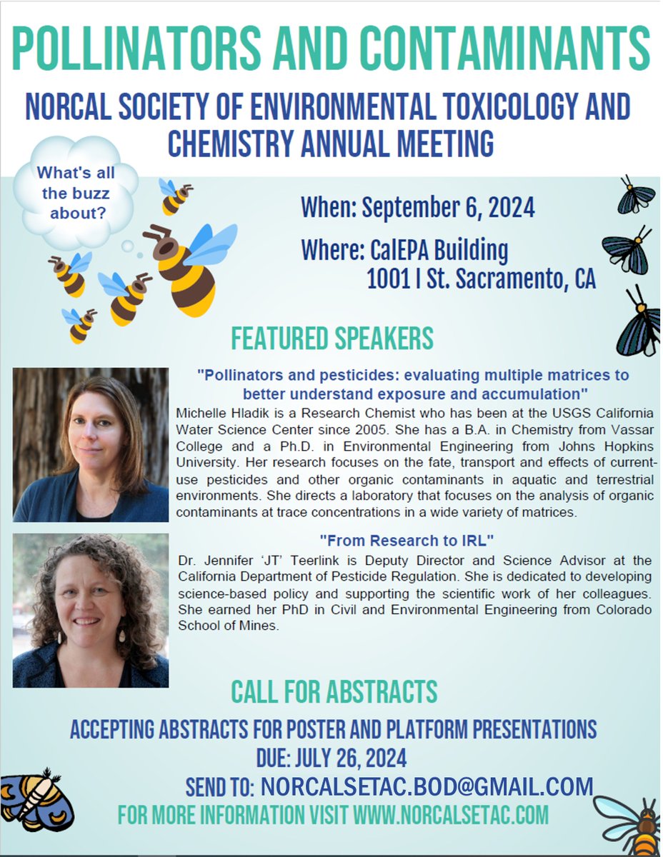 NorCalSETAC's tweet photo. Mark your calendars for the 2024 NorCal SETAC Annual Meeting, featuring Keynote Speakers Dr. Hladik and Dr. Teerlink! We're looking forward to hearing presentations about "Pollinators and Contaminants," along with other environmental toxicology and chemistry topics. https://t.co/o6JjYLKGL8