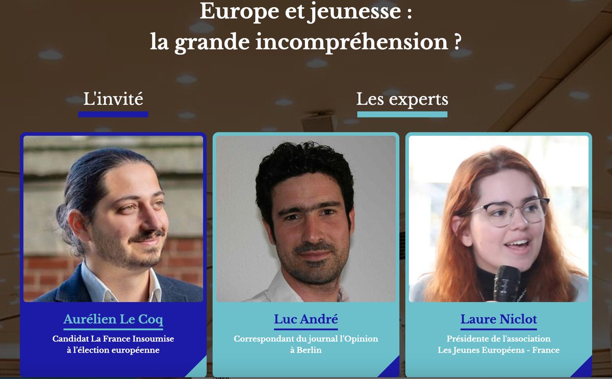 ⌚ Ce jeudi à 11h, nous recevons Aurélien Le Coq, candidat #LFI à l'élection européenne de dimanche.
Laure Niclot, présidente de <a href="/JeunesEuropeens/">Les Jeunes Européens - France</a> et Luc André, correspondant du journal <a href="/lopinion_fr/">l'Opinion</a> à Berlin, participeront également à ce débat centré sur l'actualité de la campagne