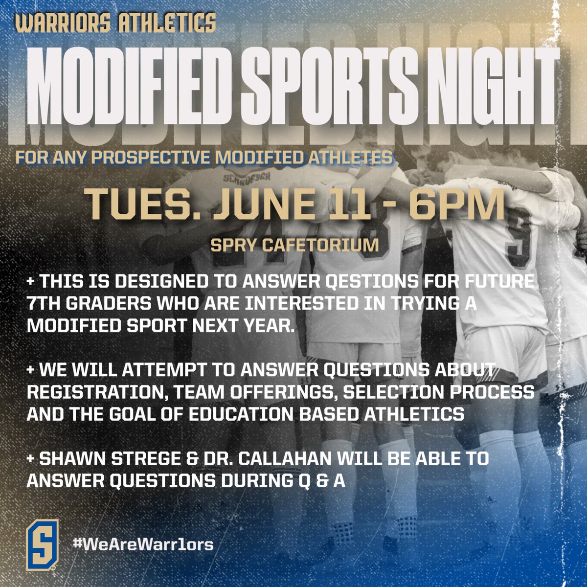 SchroederSports's tweet photo. Come join us next week at Spry to answer questions about Modified Sports! 
@SpryMSWarriors 

We will go over registration, team offerings and Q&amp;A. 

Any future Mod parents are welcome… well, actually ANYONE is!  

#WeAreWarr1ors⚔️ https://t.co/YhXNU7OOfy