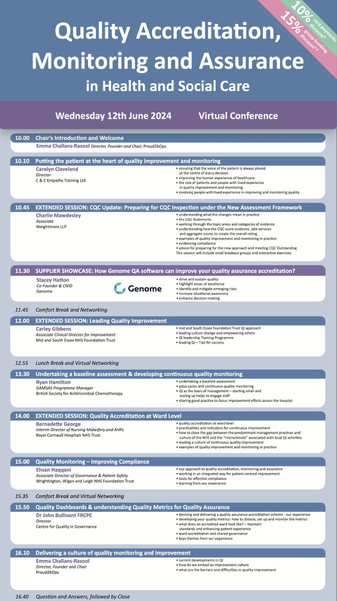 genome_digital's tweet photo. Still not too late 🚨 to book a place for the 'Quality Accreditation, Monitoring and Assurance in Health and Social Care' online conference organised by @HCUK_Clare Book your seat here:
https://t.co/7qKD85DVdz
The conference focuses on #QualityAccreditation, monitoring and assurance. It will support you in developing systems and processes for local accreditation for quality.
Accreditation can be used as a tool to:
1. Encourage ownership of continuous quality improvement.
2. Reduce variation.
3. Increase staff pride and teamwork.
➖▪️➖ ➖▪️➖▪️➖▪️➖▪️➖
Great speakers at @HCUK_Exhibs conferences:
📣 Emma Challans-Rasool @emmachallans
- the conference chair and speaker,
Director at @HorizonsNHS and Founder & Director at @Proud2bOps
📣Carolyn Cleveland @carolynccet
Founder of C&C Empathy Training
📣Charlie Mawdesley
Associate at Weightmans LLP at @Weightmans
📣 Stacey Hatton @stacey_CNIO Co-Founder & CNIO at @genome_digital
📣Carley Gibbens @CarleyGibbens
Associate Clinical Director for Improvement at @MSEImprovement
📣Dr Ryan Hamilton @RyanPharmilton
GAMSAS Programme Manager at @BSACandJAC
📣Bernadette George
Interim Director of Nursing Midwifery and AHPs at @RCHTWeCare
📣Ehsan Haqqani @NhsEsso
Associate Director of Governance & Patient Safety at @WWLNHS
📣Dr John Bullivant
Director at Centre for Quality in Governance
➖▪️➖ ➖▪️➖▪️➖▪️➖▪️
This conference will enable you to:
▪️Network with colleagues who are working to improve quality through local monitoring and accreditation
▪️Learn from outstanding practice in quality improvement and accreditation
▪️Reflect on a patient perspective on the role of people with lived experience in quality monitoring and improvement
▪️Improve the selection and use of quality metrics and indicators
▪️Develop your quality leadership skills and empower and support staff to meet standards
▪️Identify critical strategies for aligning Quality Accreditation with updated #CQC Quality Statements
▪️Understand how to embed a Quality Culture and translate the CQC Quality Statements into Frontline Service Delivery: Examples of practice
▪️Develop and use quality dashboards
▪️Practical advice for undertaking CQC Self-Assessment
▪️Learn from examples at the ward, directorate and organisational level
▪️Embedding a culture of quality improvement
▪️Supports CPD professional development and acts as revalidation evidence. This course provides 5 Hrs of training for CPD subject to peer group approval for revalidation purposes