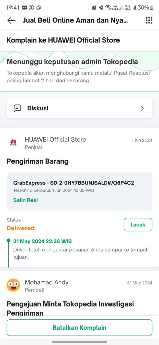 mohamad_andy's tweet photo. @GrabID @tokopedia @TokopediaCare Respon sudah saya lakukan, saya sudah cek berkali2  baik dari aplikasi maupun website. Tidak ada tombol untuk merespon tersebut kecuali diskusi. Terlihat juga bahwa prosesnya adalah menunggu keputusan admin tokopedia @TokopediaCare https://t.co/u6NRD2fMVg