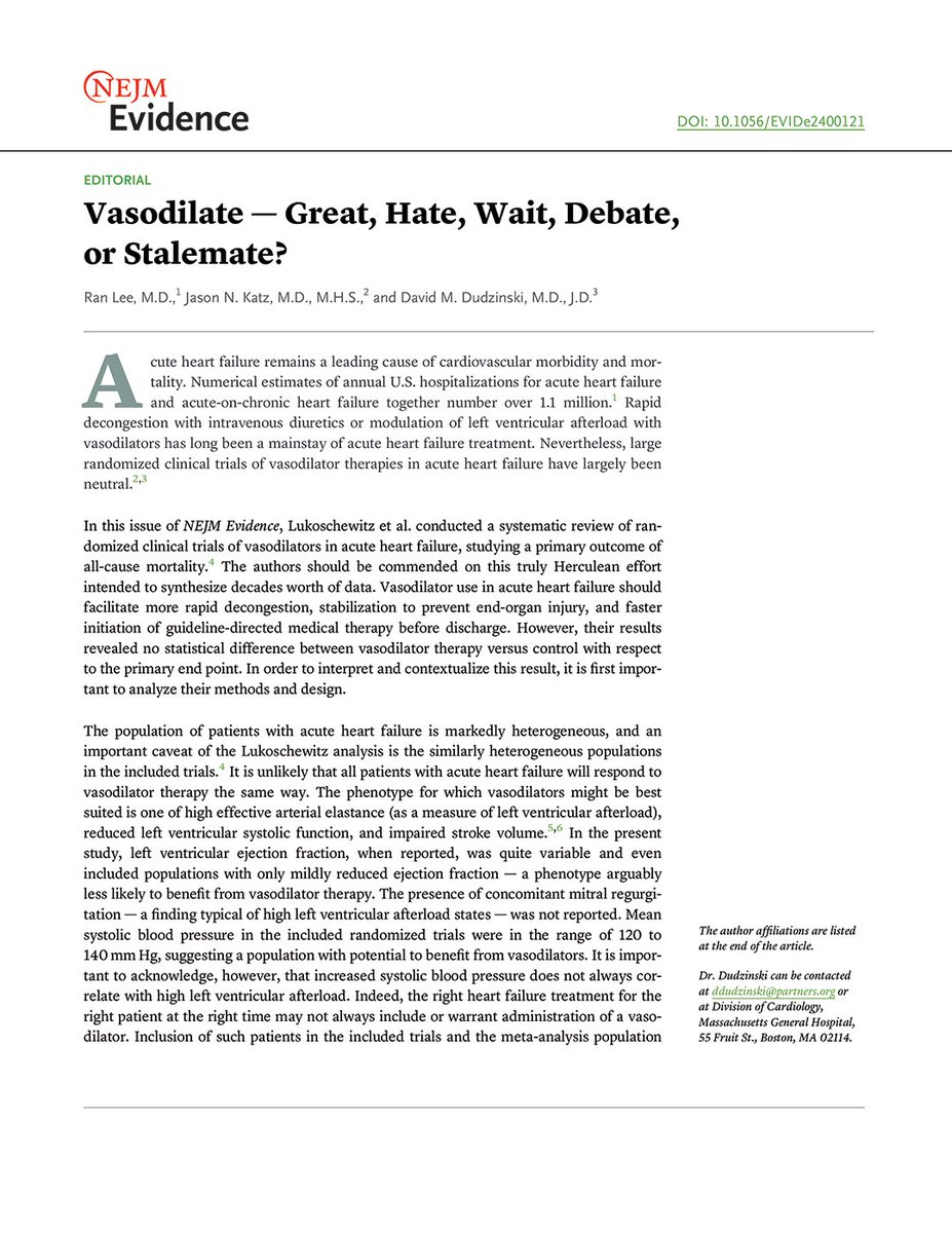 Modulation of afterload with vasodilators has long been a mainstay of acute heart failure treatment. In an editorial, Ran Lee, MD, et al. comment on a new systematic review and meta-analysis by Lukoschewitz et al. that finds no mortality benefit to such treatment. 1/2
