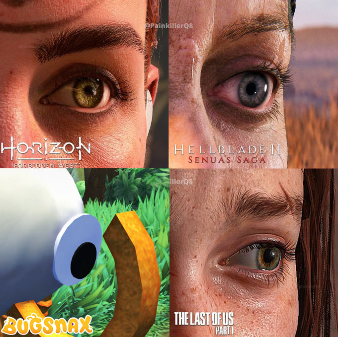 A grid of 4 images of gorgeously rendered eyes from prominent video games: Horizon, Hellblade II, The Last of Us, and of course, PS5 launch exclusive that the Onion said "looks like shit honestly" Bugsnax. It's Bunger. 