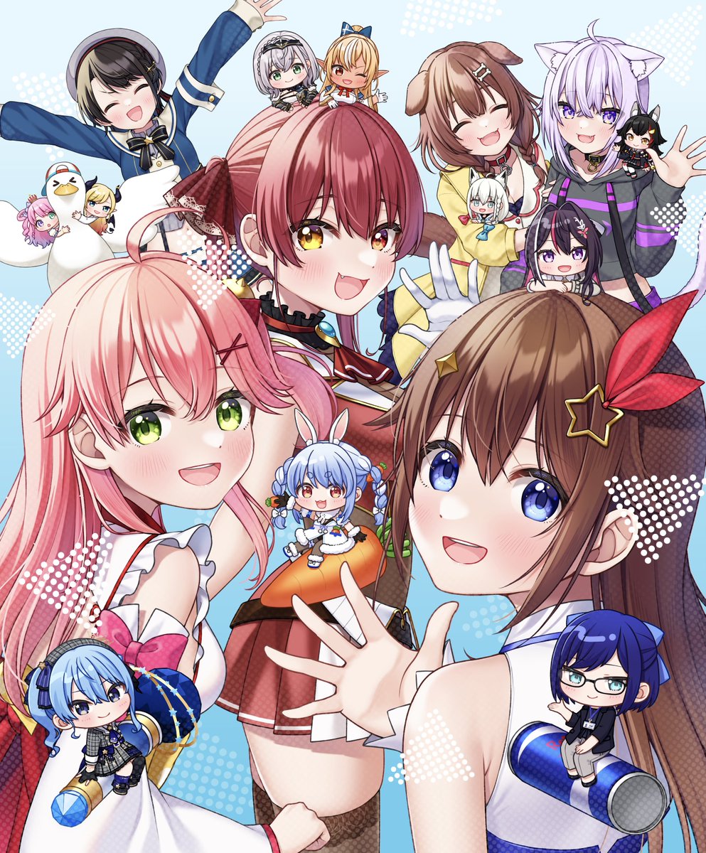 宝鐘マリン ,兎田ぺこら 「 フレアさんこんにちは!イラストレーターのともずと申します筆は早い方で、立ち絵は」|ともず🍪ホロメン毎日デフォルメのイラスト