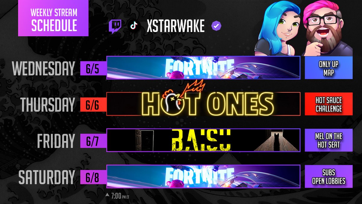 XStarWake's tweet photo. WEEKLY SCHEDULE 🔥 HOT ONES CHALLENGE 🔥 

WEDNESDAY  | Fortnite | Only Up Map 
THURSDAY | 🔥 HOT ONES CHALLENGE 🔥
FRIDAY | Mel On The Hot Seat
SATURDAY | Fortnite Subs Open Lobby https://t.co/k69Uc5UbrI