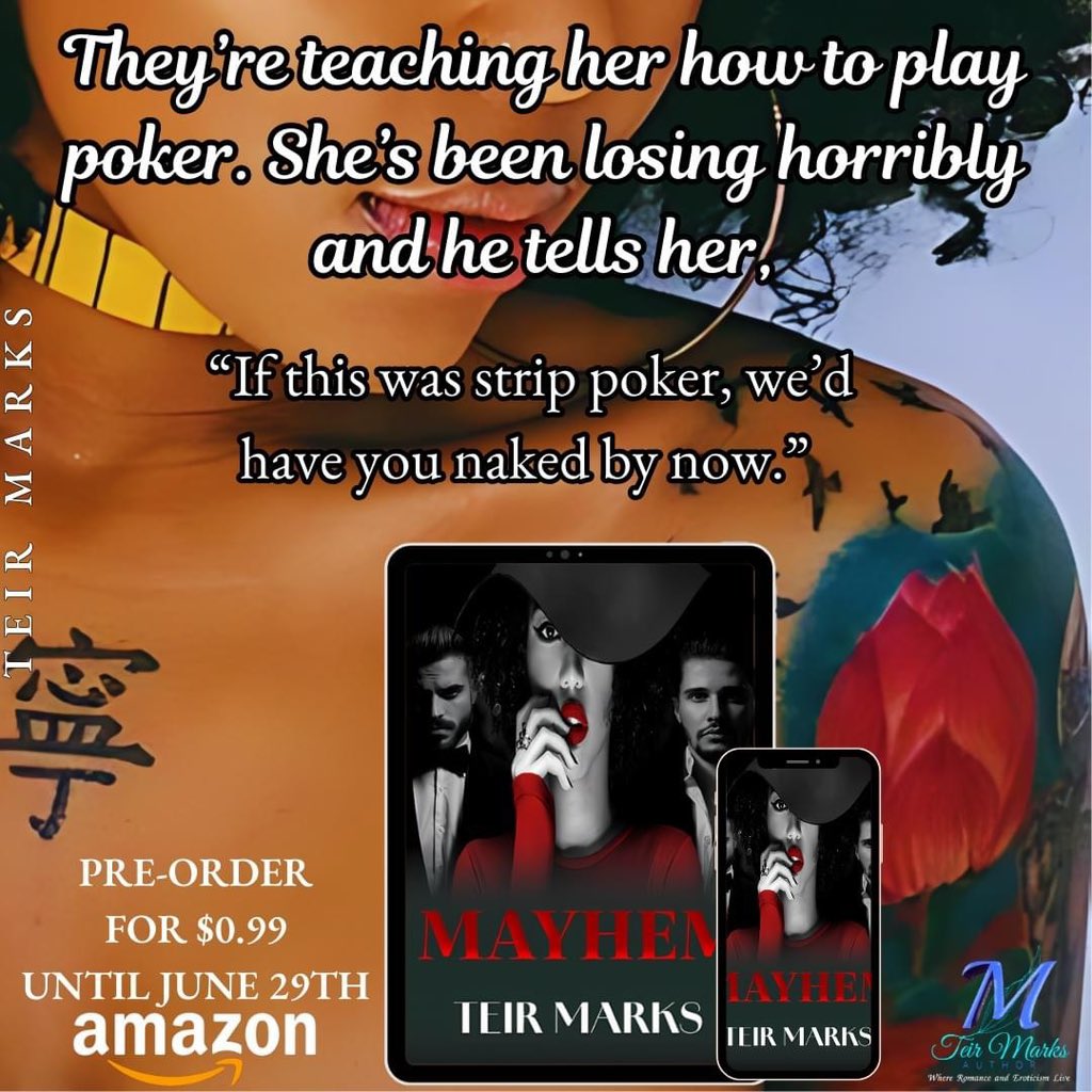 authorteirmarks's tweet photo. Mayhem [Captive Series book 3]
Preorder for $0.99 until June 29th
https://t.co/UzJfdthZn5

#EtchedVerse #writingcommunity #billionaireromance #steamyreads #polyromancebook https://t.co/aLSv3f98dS