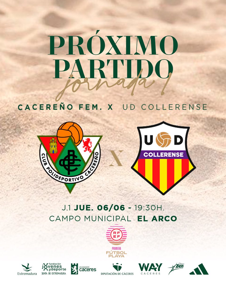 CacerenoFem's tweet photo. Llegó el momento que estabais esperando… ⚽️🏖️

🏆 Primera División de Fútbol Playa
⚽️ Jornada 1
🆚 @udcolleoficial 
📆 06/06/2024
🏟️ Campo Municipal Fútbol Playa El Arco (Cáceres)
🕛 19:30
📺 Canales oficiales @rfef https://t.co/ctZUjGpSp5