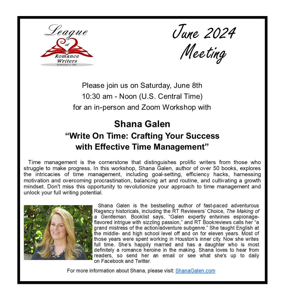 RomanceLeague's tweet photo. Reminder! This Saturday is our monthly meeting with Best Selling Author Shana Galen! #writers #writingcommunity https://t.co/QmsedpClnO