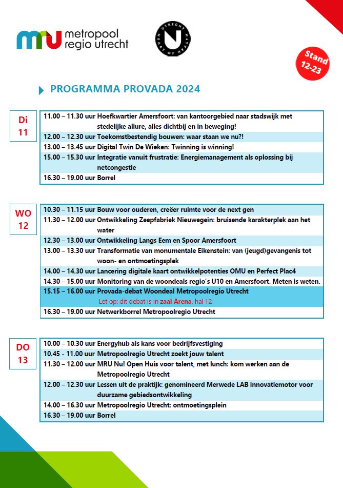 In de Metropoolregio Utrecht maken we gezonde groei mogelijk. Benieuwd hoe? Bezoek onze stand 12-23 op de #Provada op 11, 12 en 13 juni. Zie alvast ons programma. Uitgebreide beschrijving vind je hier: bit.ly/3XbHN70
#gezondegroei #MRU #U10 <a href="/RegioAmersfoort/">Regio Amersfoort</a>  <a href="/ProvincieUT/">Utrecht</a>